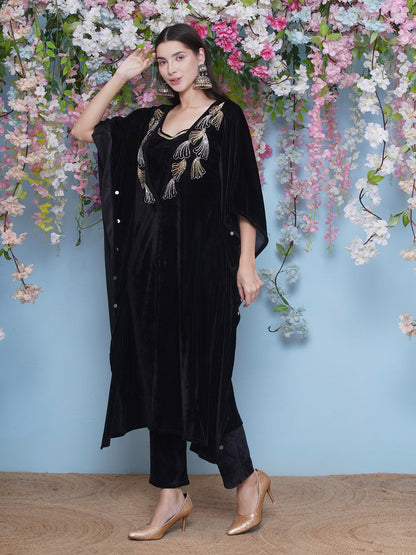 Designer Partywear Black Velvet Hand Embellished Kaftaan withh inner and Pant