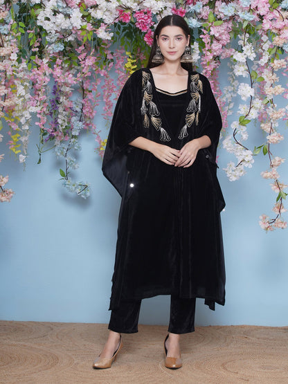Designer Partywear Black Velvet Hand Embellished Kaftaan withh inner and Pant
