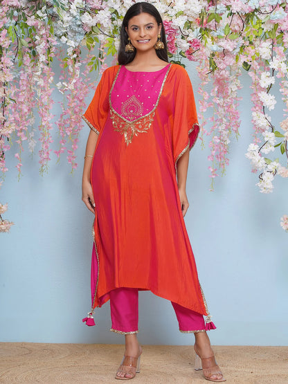 Orange And Pink Dual Tone Hand Embellished Kaftaan with Pants