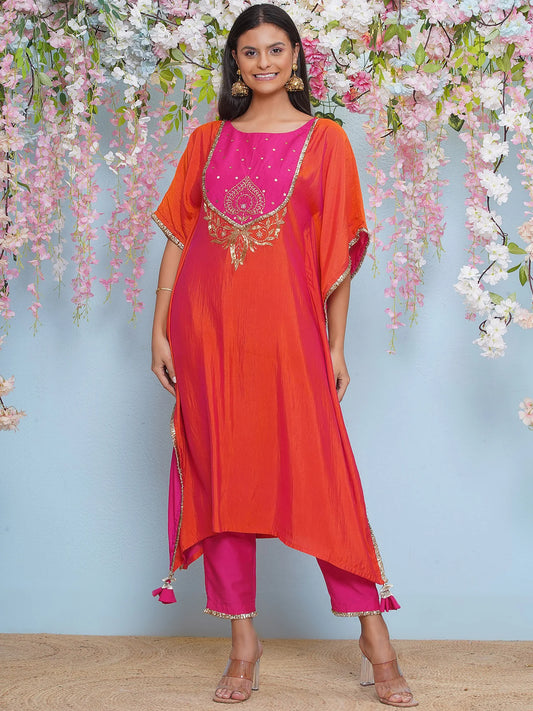 Orange And Pink Dual Tone Hand Embellished Kaftaan with Pants