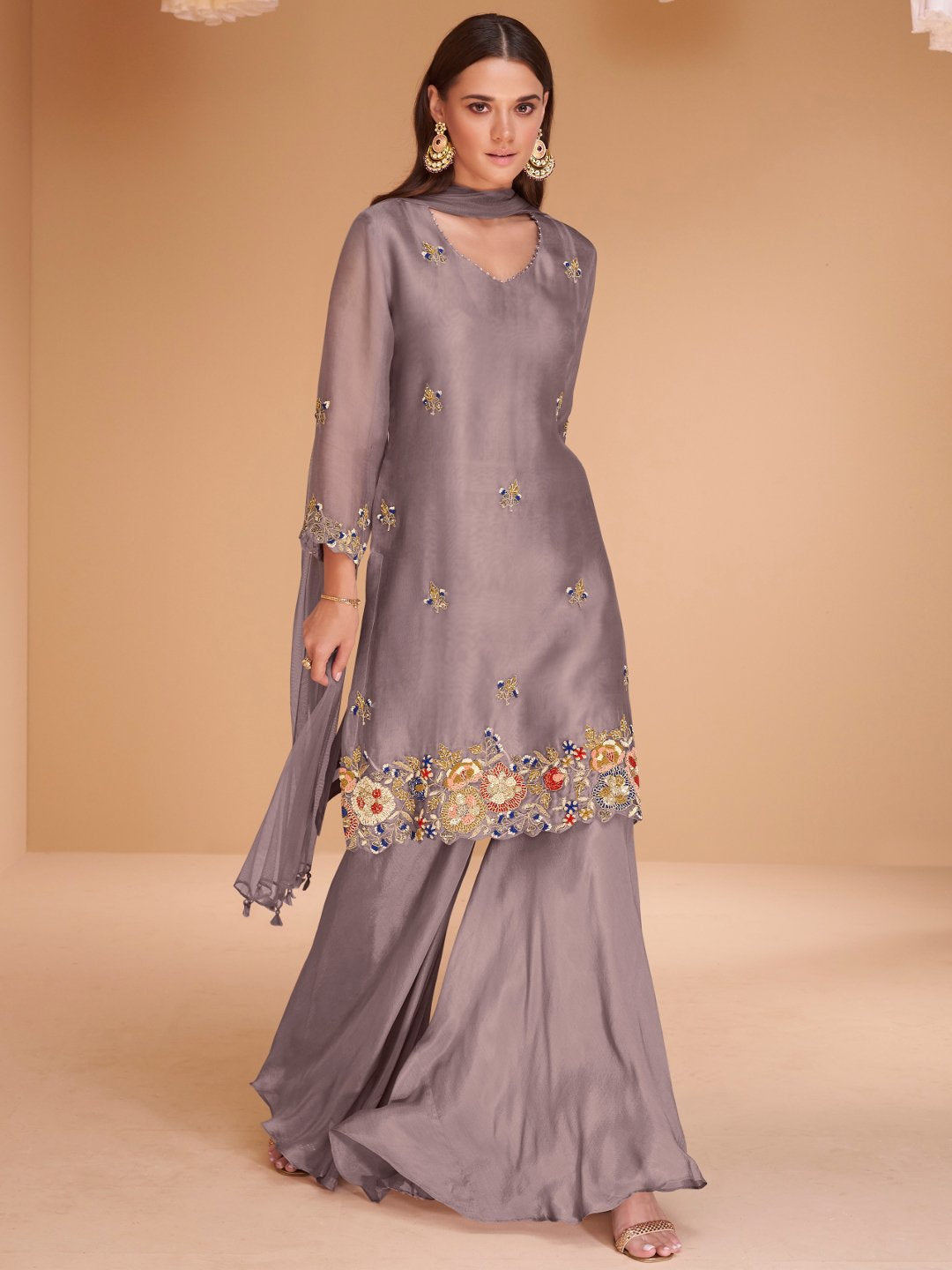 Mauve Multi Embroidery Organza Kurti And Gharara Suit