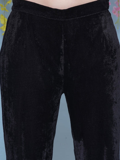 Designer Partywear Black Velvet Hand Embellished Kaftaan withh inner and Pant