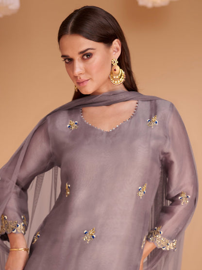 Mauve Multi Embroidery Organza Kurti And Gharara Suit