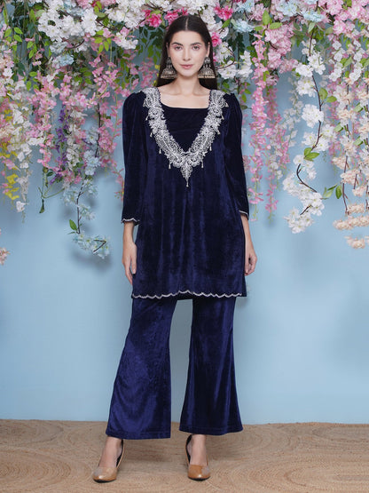 Designer Partywear Velvet Navy Blue Embroidered Kurta with inner and Bellbottom pants