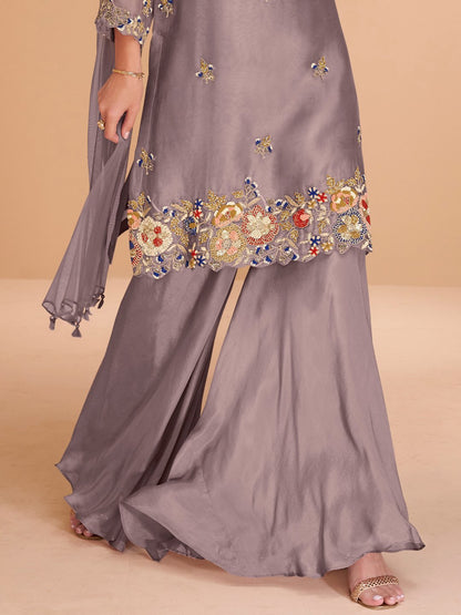 Mauve Multi Embroidery Organza Kurti And Gharara Suit