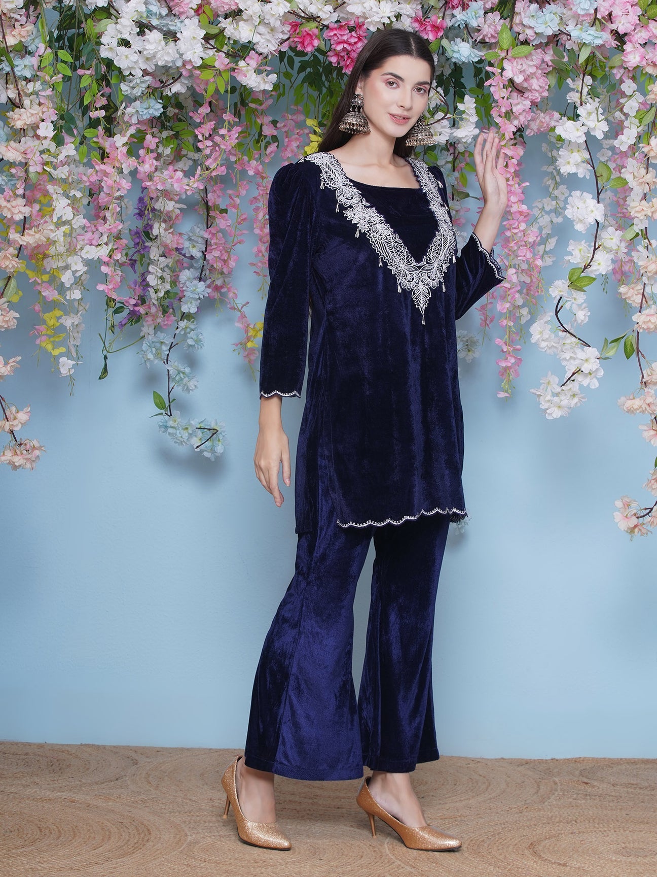 Designer Partywear Velvet Navy Blue Embroidered Kurta with inner and Bellbottom pants