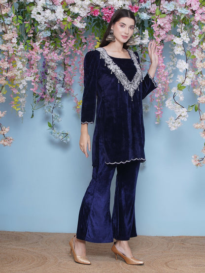 Designer Partywear Velvet Navy Blue Embroidered Kurta with inner and Bellbottom pants