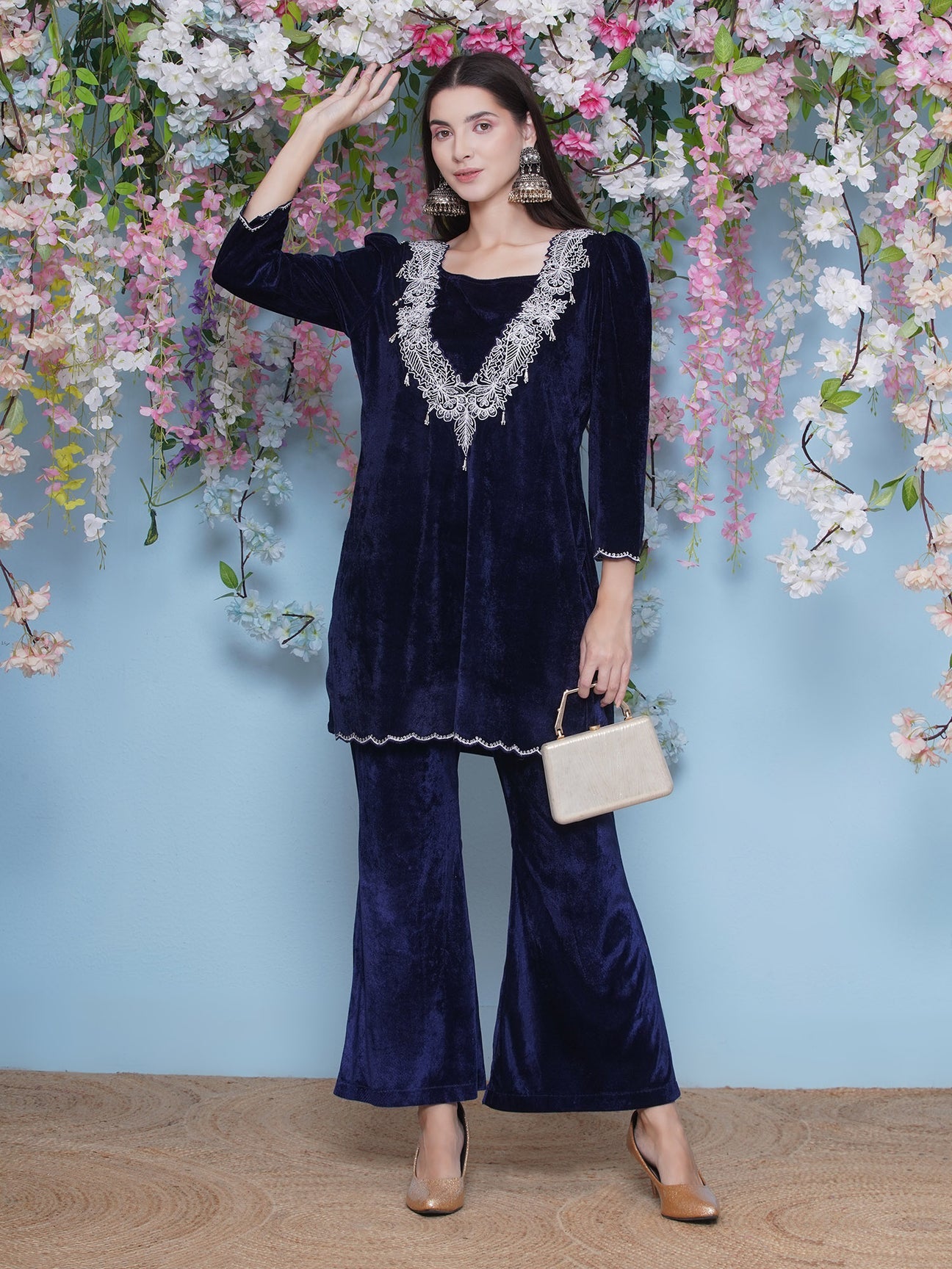 Designer Partywear Velvet Navy Blue Embroidered Kurta with inner and Bellbottom pants