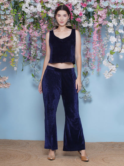 Designer Partywear Velvet Navy Blue Embroidered Kurta with inner and Bellbottom pants