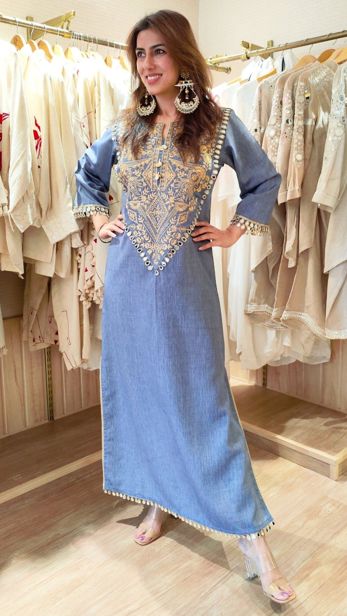 Celebrity Inspired Designer Denim Long Dress With Embroidery and Mirror Detailing