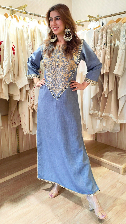 Celebrity Inspired Designer Denim Long Dress With Embroidery and Mirror Detailing