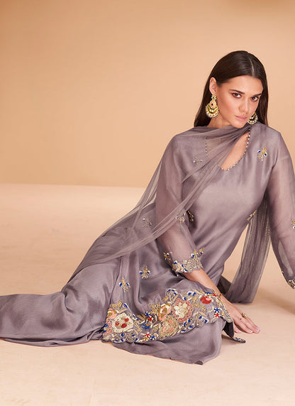 Mauve Multi Embroidery Organza Kurti And Gharara Suit