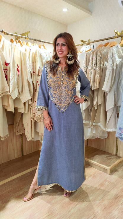 Celebrity Inspired Designer Denim Long Dress With Embroidery and Mirror Detailing