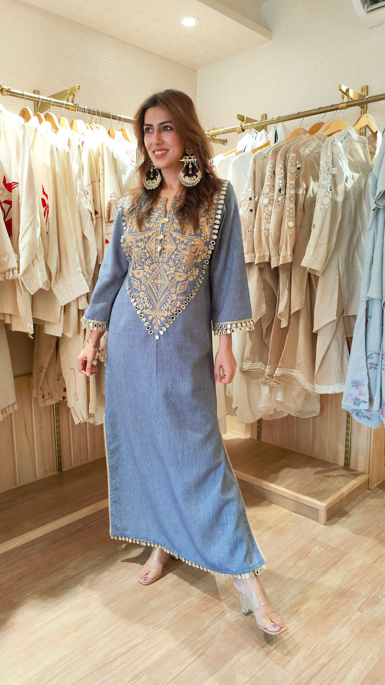 Celebrity Inspired Designer Denim Long Dress With Embroidery and Mirror Detailing