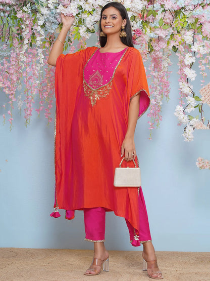 Orange And Pink Dual Tone Hand Embellished Kaftaan with Pants