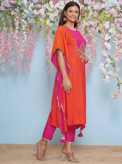 Orange And Pink Dual Tone Hand Embellished Kaftaan with Pants