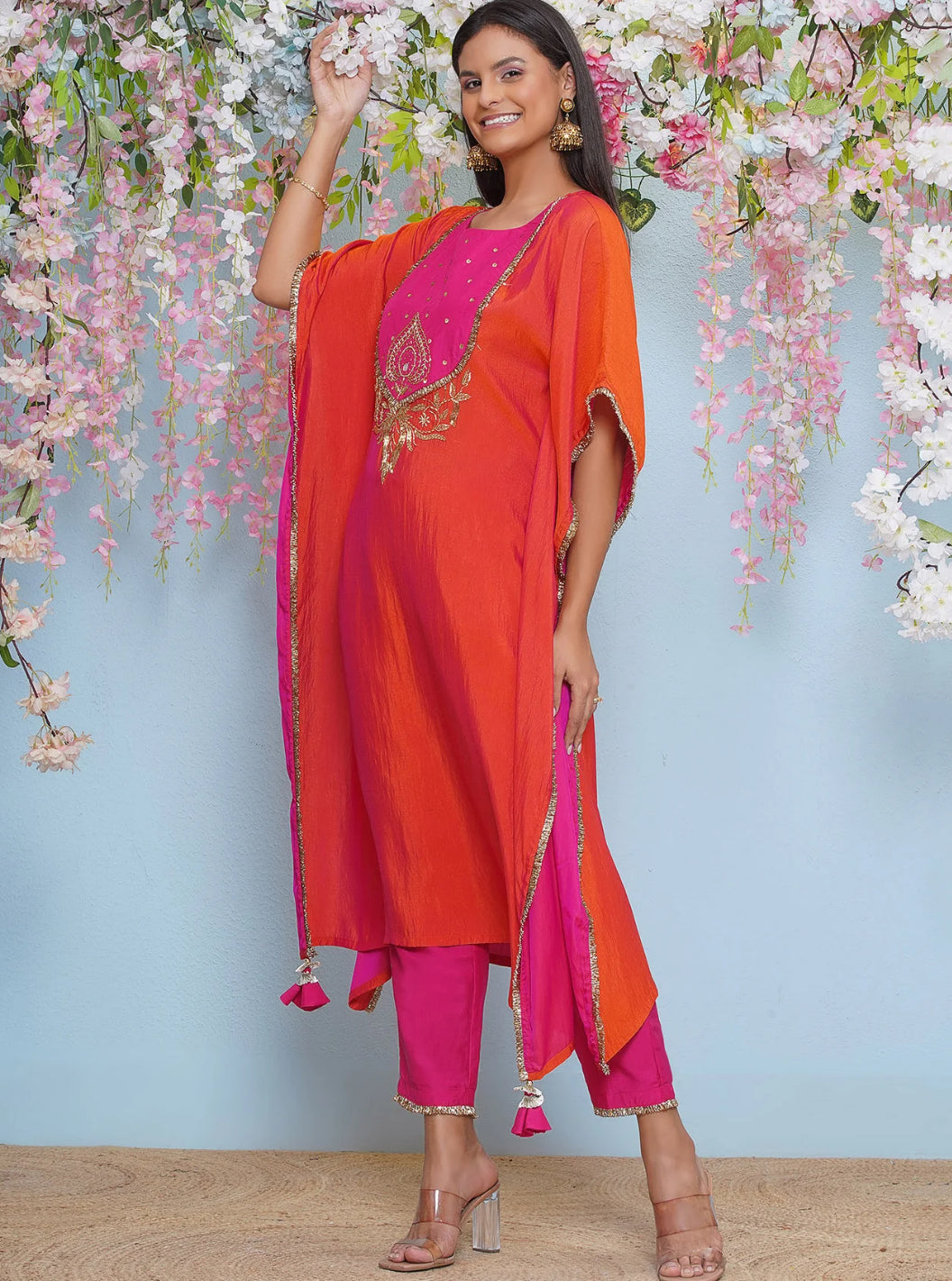 Orange And Pink Dual Tone Hand Embellished Kaftaan with Pants