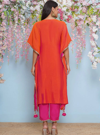 Orange And Pink Dual Tone Hand Embellished Kaftaan with Pants