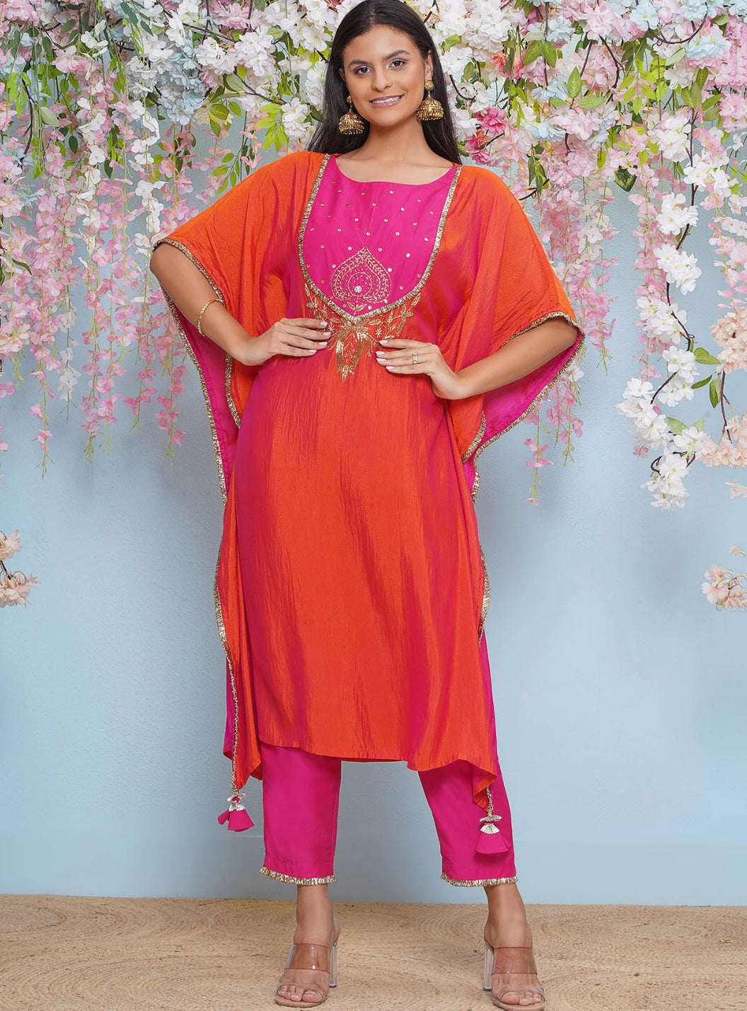 Orange And Pink Dual Tone Hand Embellished Kaftaan with Pants