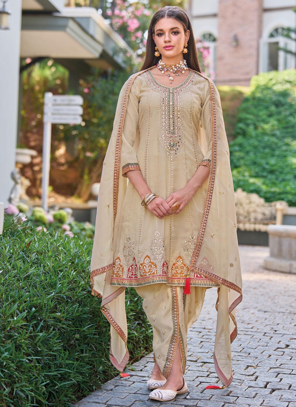 Beige Colour Embroidered Shimmer Organza Designer Dhoti Salwar Suit