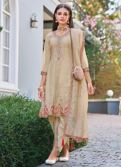 Beige Colour Embroidered Shimmer Organza Designer Dhoti Salwar Suit