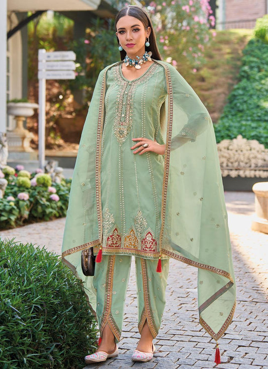 Sea Green Colour Embroidered Shimmer Organza Designer Dhoti Salwar Suit