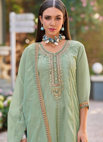 Sea Green Colour Embroidered Shimmer Organza Designer Dhoti Salwar Suit
