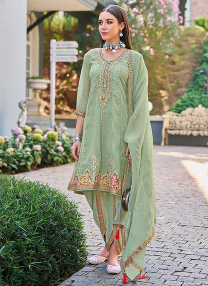 Sea Green Colour Embroidered Shimmer Organza Designer Dhoti Salwar Suit