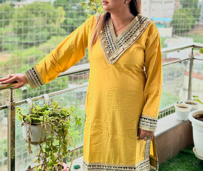 V-Neck Yellow Embellished Cotton Linen Co-ord Set