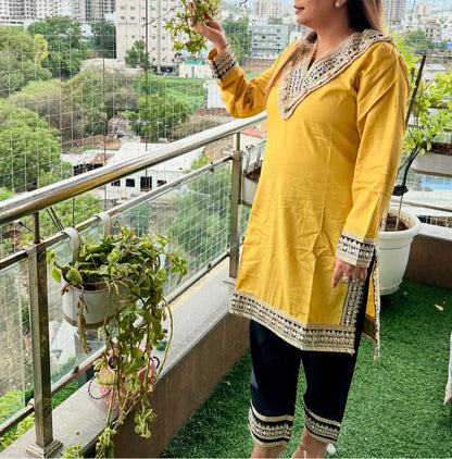 V-Neck Yellow Embellished Cotton Linen Co-ord Set