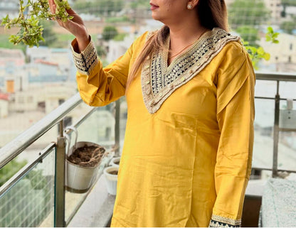 V-Neck Yellow Embellished Cotton Linen Co-ord Set