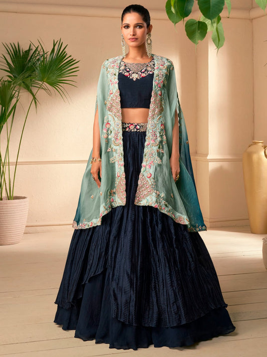 Navy Blue Embroidered Art Silk Indowestern Lehenga Choli With Shrug