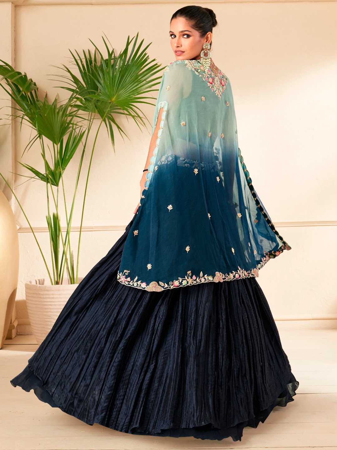 Navy Blue Embroidered Art Silk Indowestern Lehenga Choli With Shrug