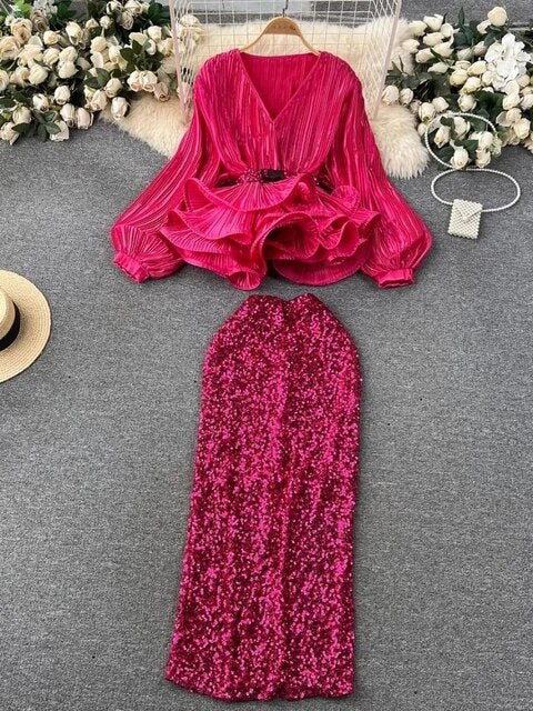 Sexy Club Luxury Sequined Ruffle Top & Skirt Set