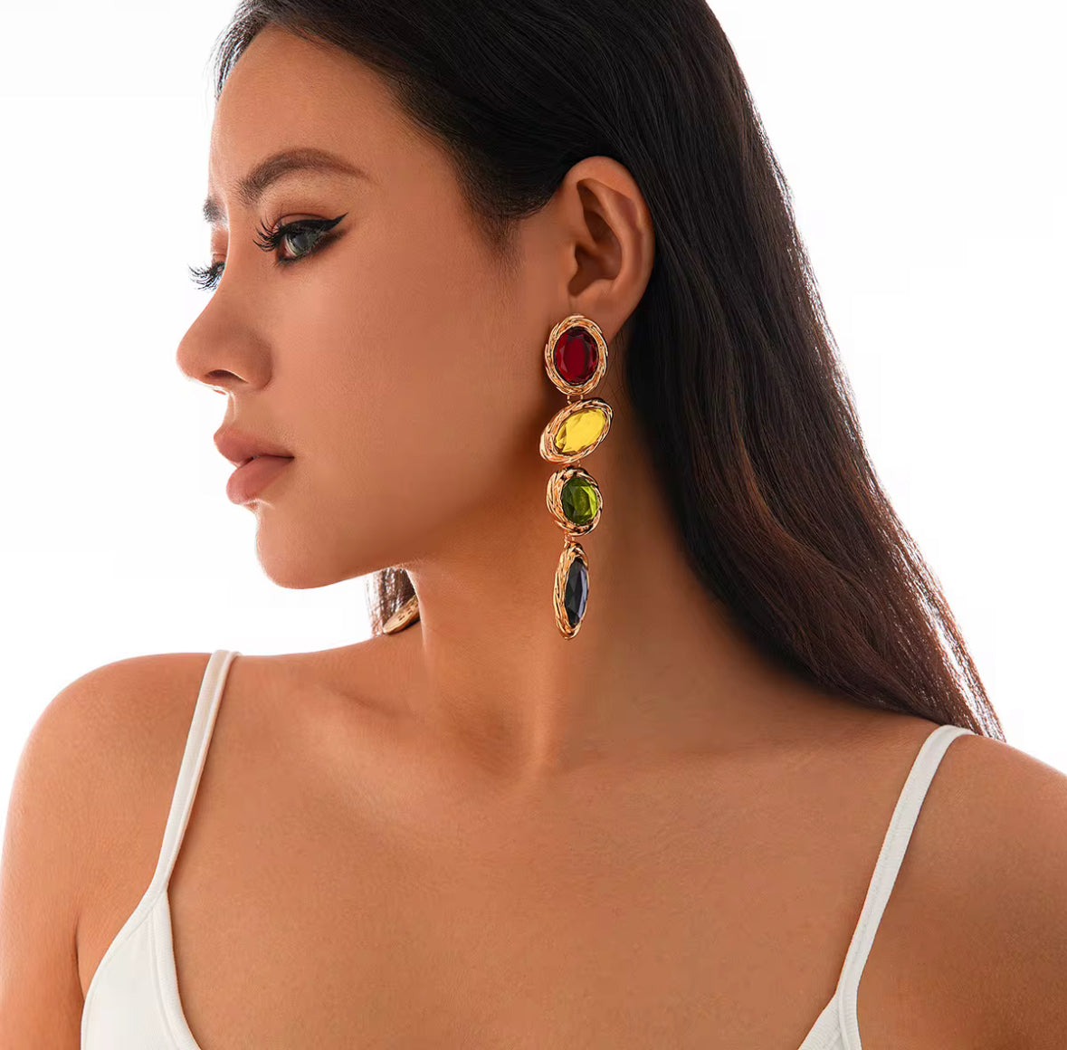 Designer Partywear Celebrity Style Multicolour Long Dangler Crystal Earrings