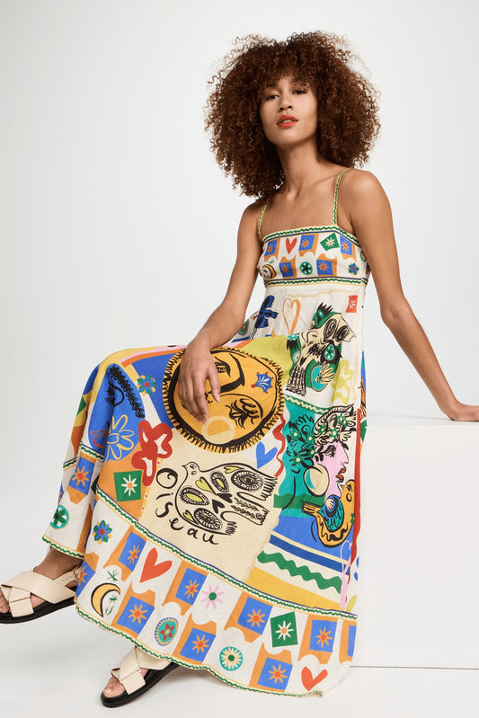 Abstract Print Linen High Waisted Midi Sun Dress