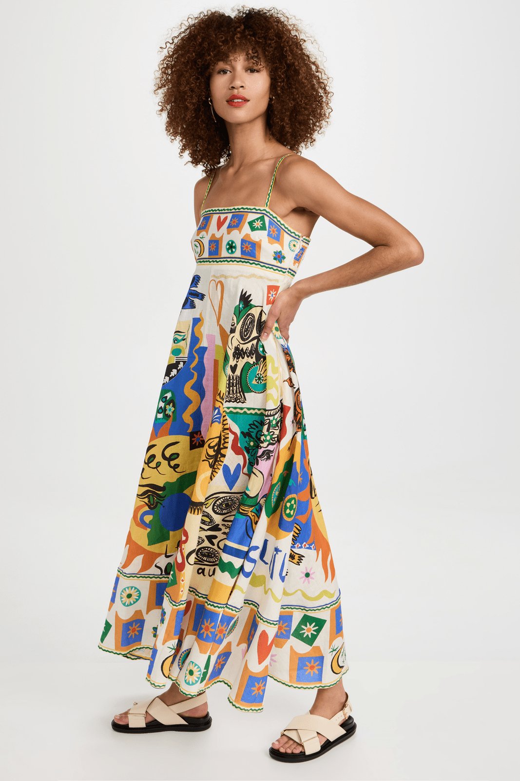 Abstract Print Linen High Waisted Midi Sun Dress