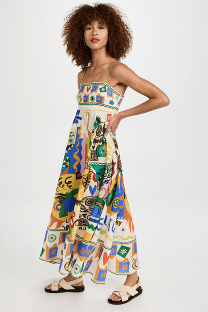 Abstract Print Linen High Waisted Midi Sun Dress