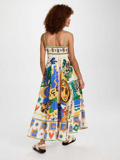 Abstract Print Linen High Waisted Midi Sun Dress
