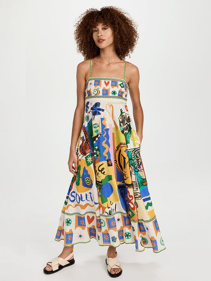 Abstract Print Linen High Waisted Midi Sun Dress