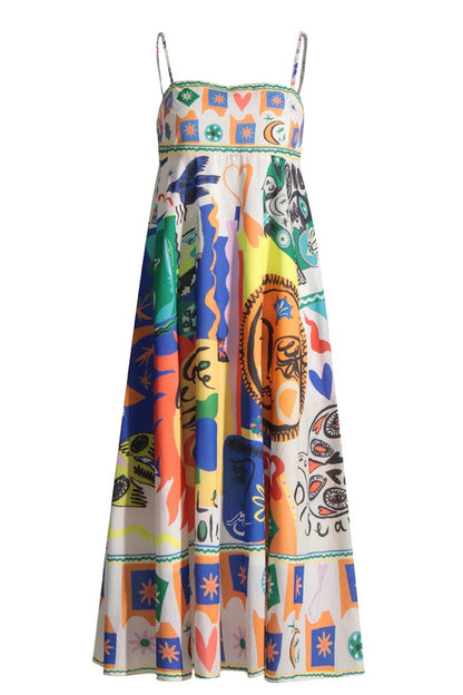 Abstract Print Linen High Waisted Midi Sun Dress
