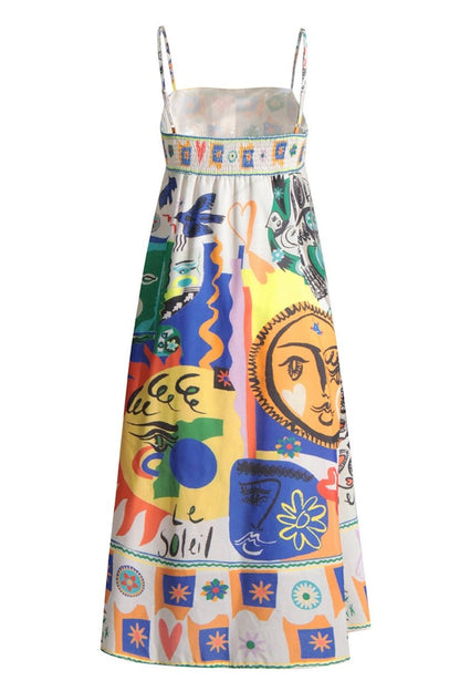 Abstract Print Linen High Waisted Midi Sun Dress