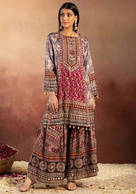 Grey Floral Print Embellished Crepe Satin Kurta With Sharara And Dupatta