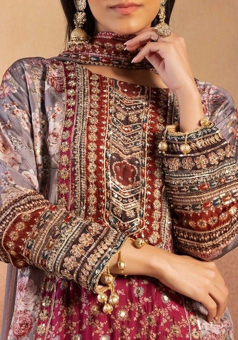 Grey Floral Print Embellished Crepe Satin Kurta With Sharara And Dupatta