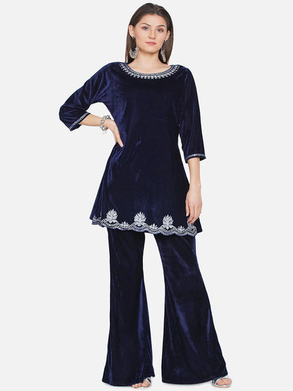 Navy Blue Velvet Kurta with Bell bottom Pants