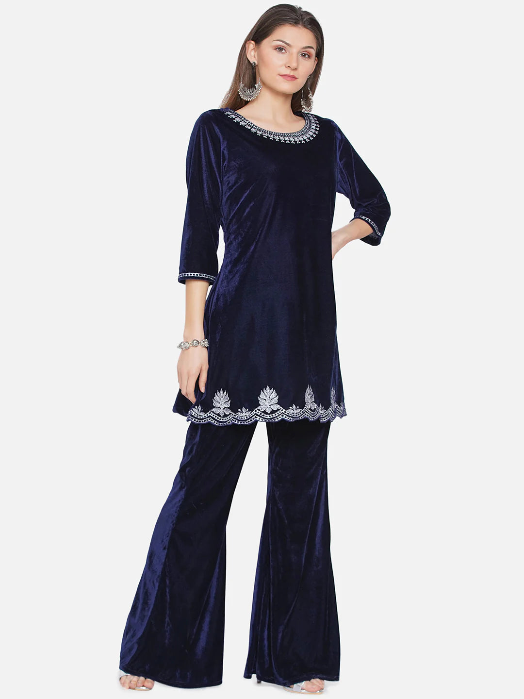 Navy Blue Velvet Kurta with Bell bottom Pants