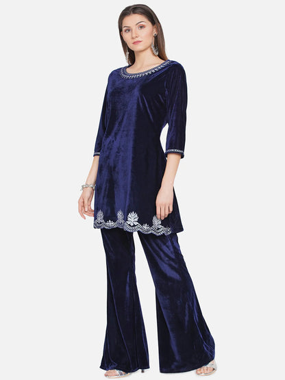 Navy Blue Velvet Kurta with Bell bottom Pants