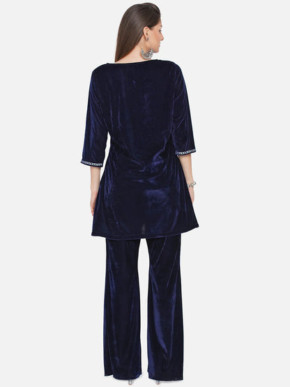 Navy Blue Velvet Kurta with Bell bottom Pants