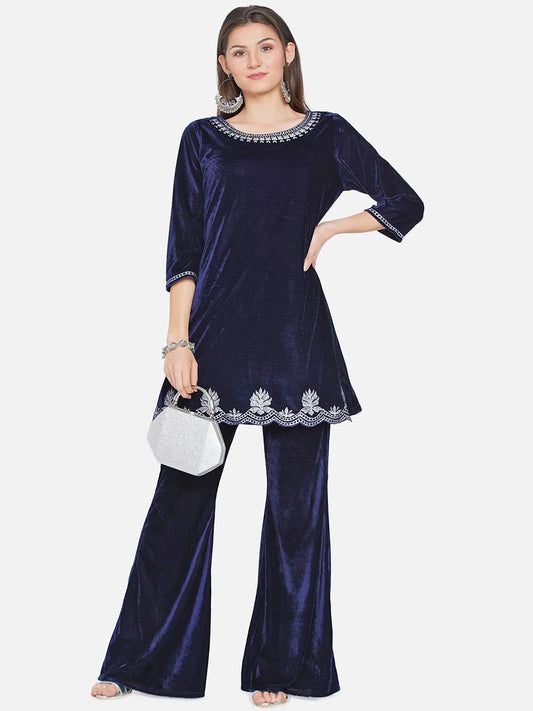 Navy Blue Velvet Kurta with Bell bottom Pants