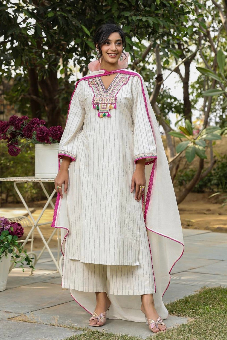 Off White Embroidered Cotton Kurta Pant Set